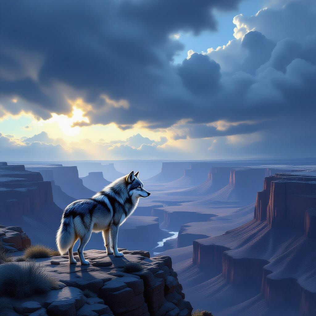 Lone Wolf on Rocky Outcrop Overlooking Canyon