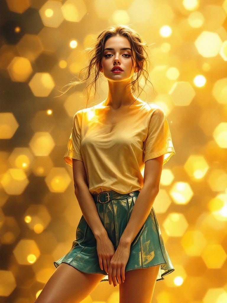 Amber Honeycomb Overlay Portrait in Sumi-e Style