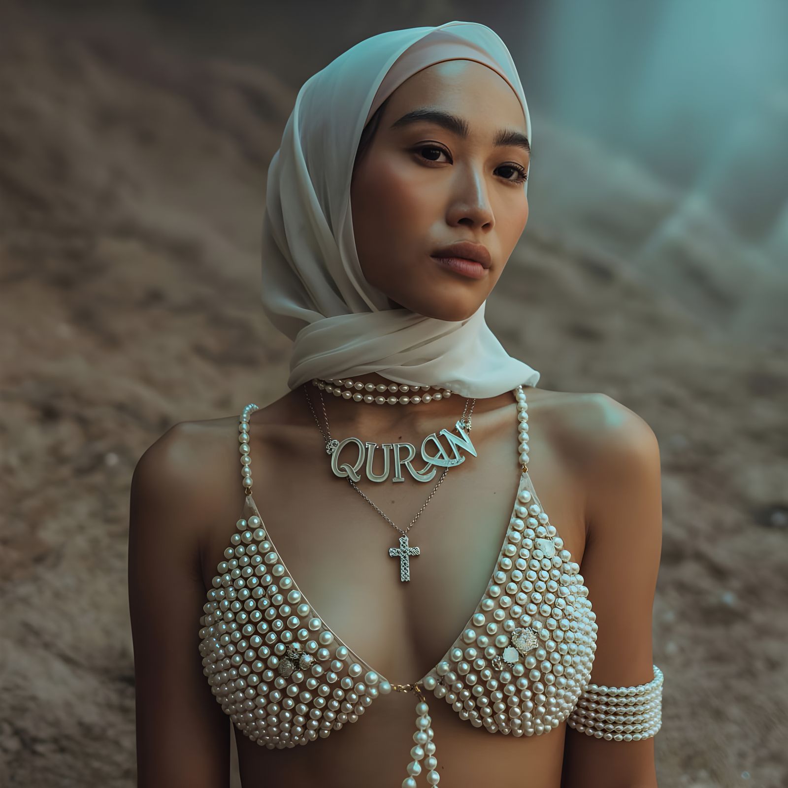 Pearl Bikini and Quran Necklace: A Cinematic Portrait