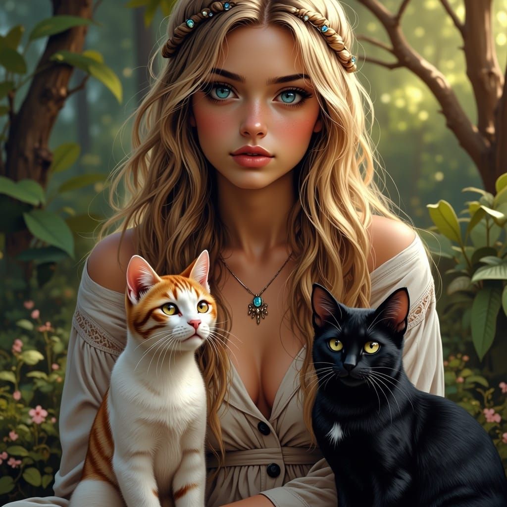 Woman with Cats in Hyperrealistic Style