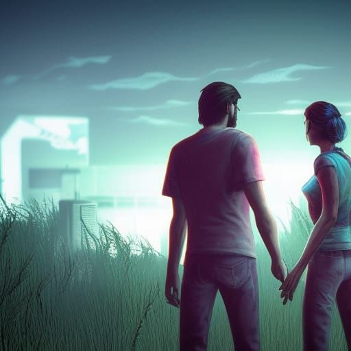 Joel and Ellie in Synthwave Neon Style