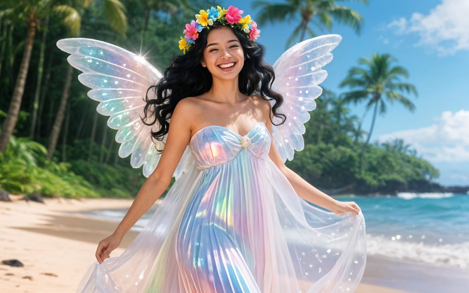 Hawaiian Vaporwave Angel on Beach in Art Deco Muumuu