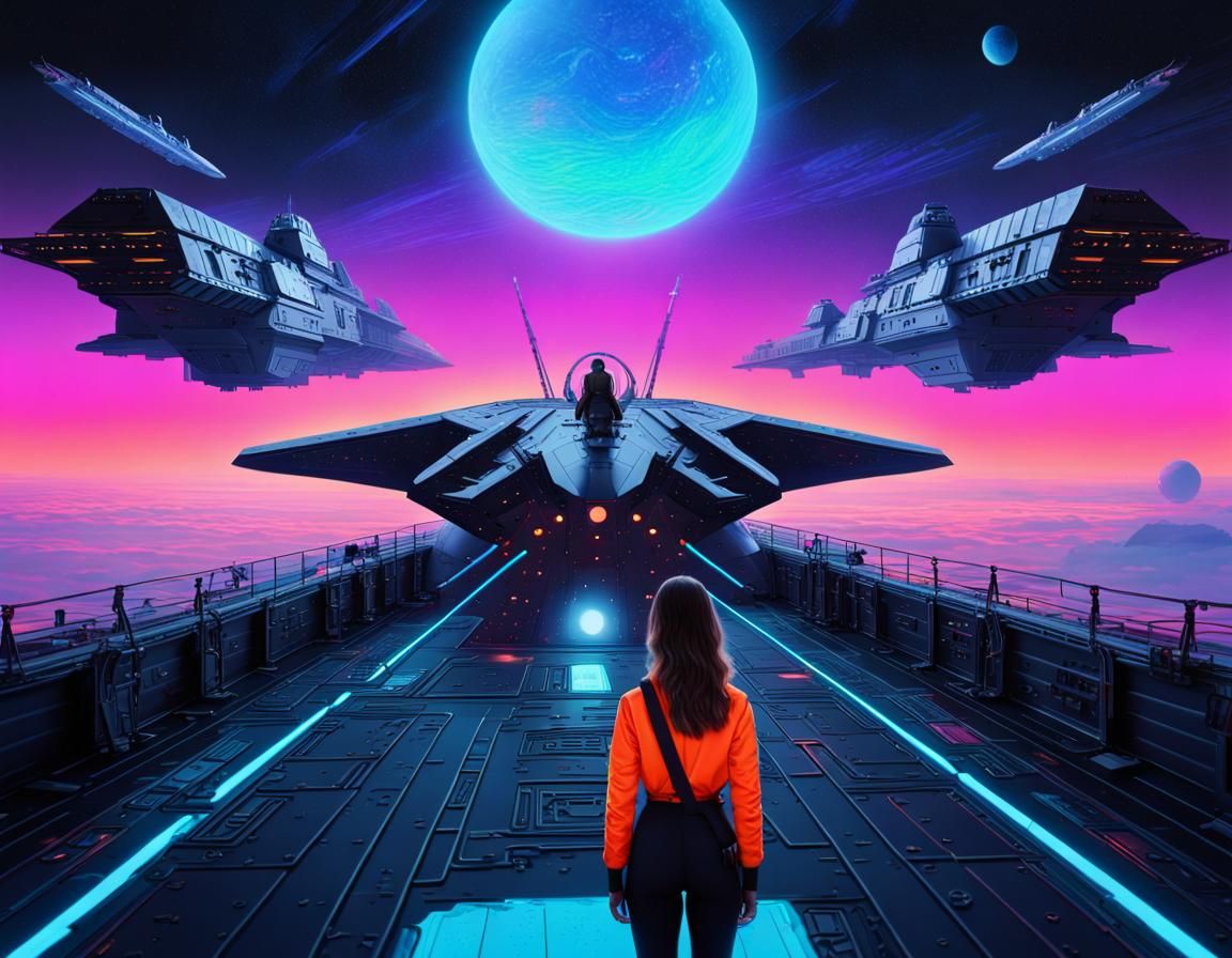 Sci-Fi Woman Petting Dog in Neon Spacescape