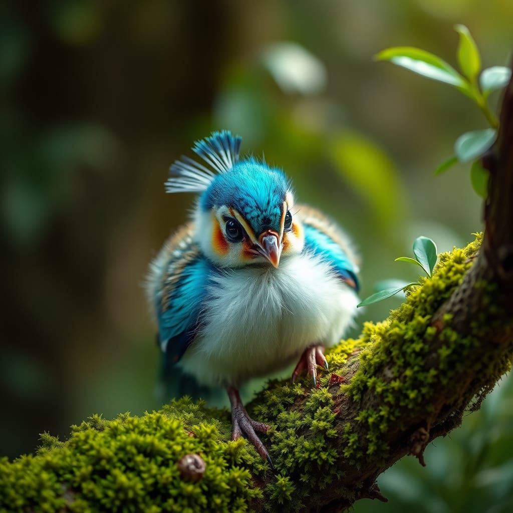 Vibrant Baby Peacock Perched in Lush Greenery