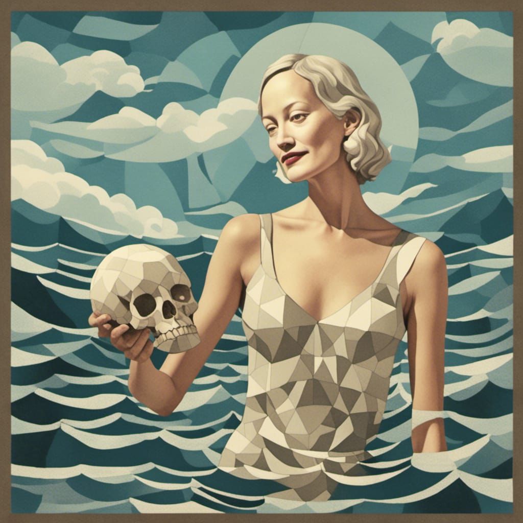 a photo of <lora:Viva:1.0> as Venus de Milo coming out of a shell in the ocean, holding a skull, happy, full of grace, ...