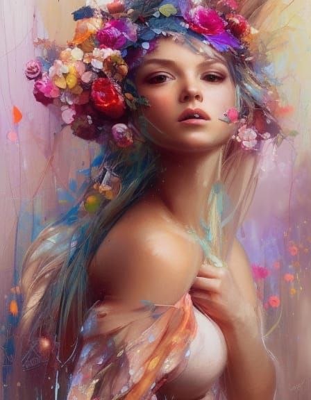 Beautiful Blonde Fairy Woman in Flowers