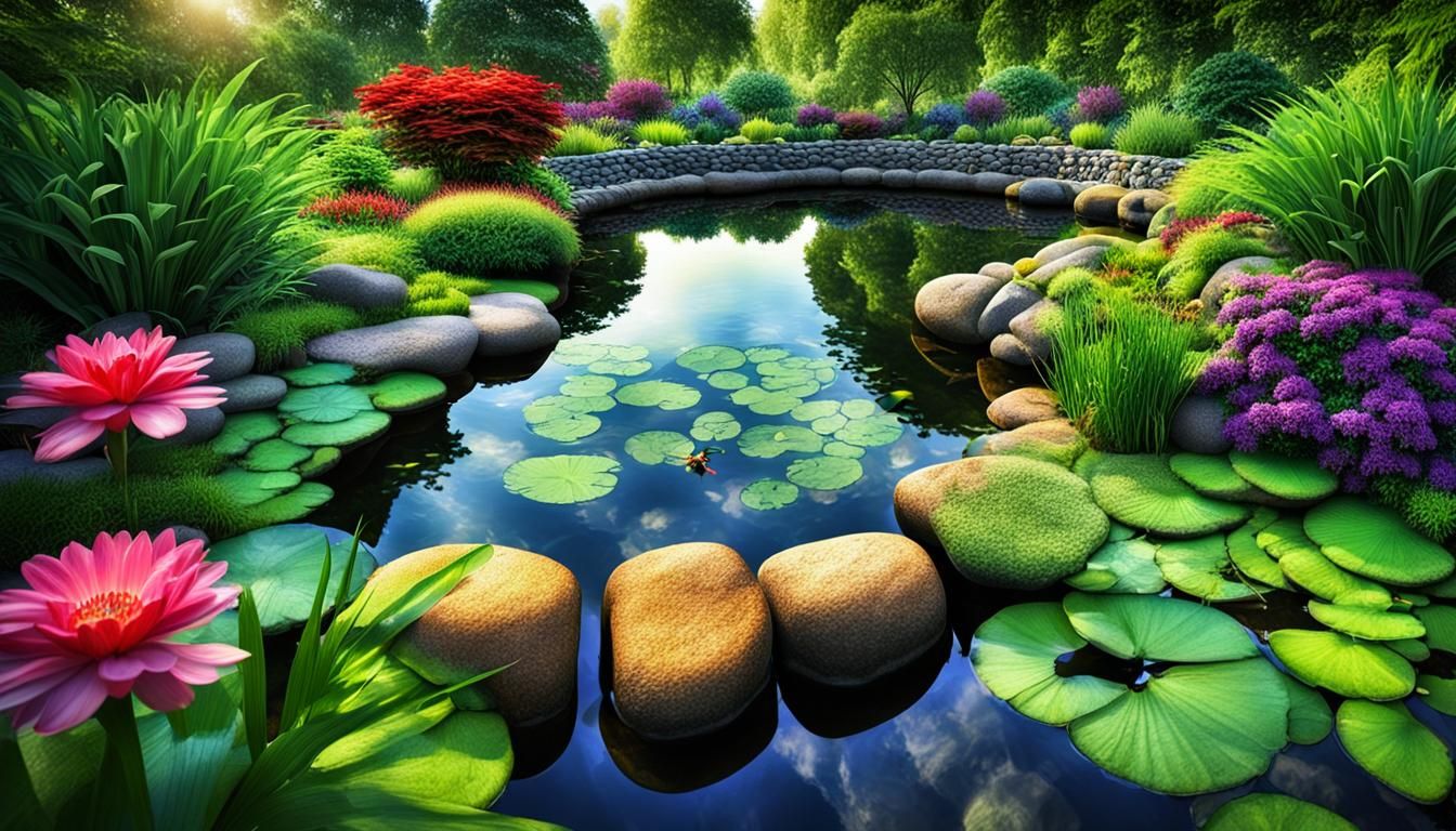 Lush Garden with Pond in Hyperrealistic Style