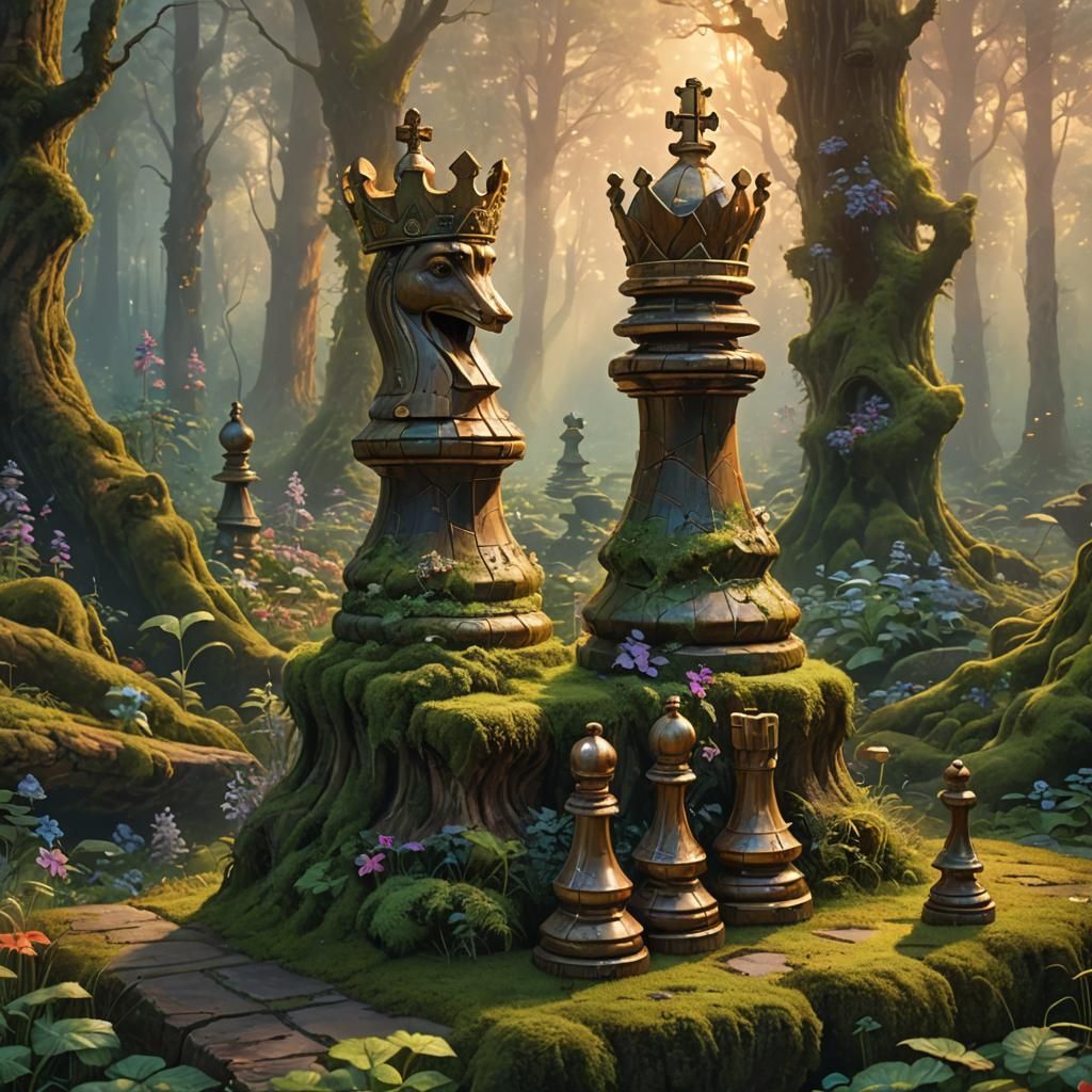 Moss-Covered Wooden Chess King in Deep Forest