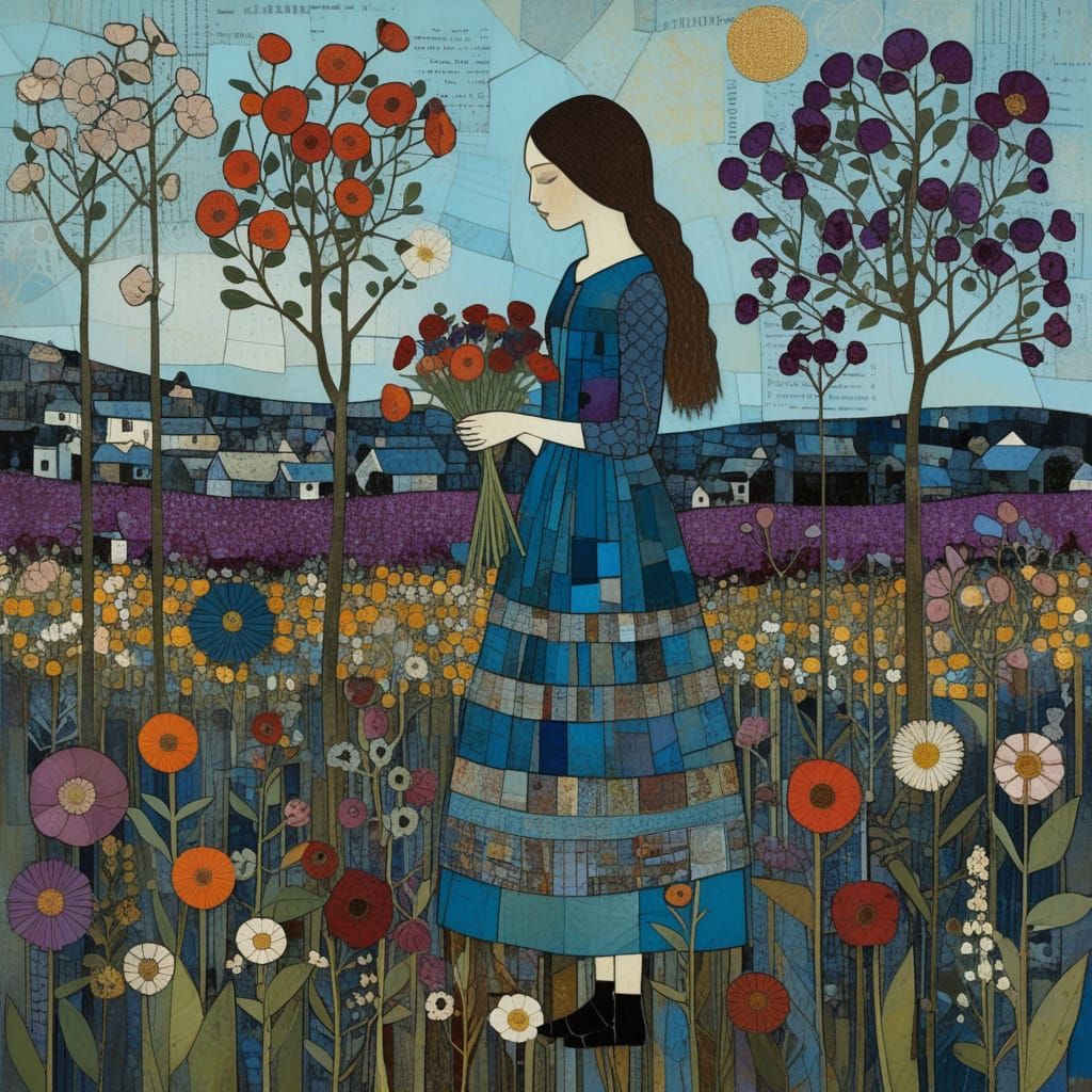 Girl Picking Flowers in Mixed Media Masterpiece