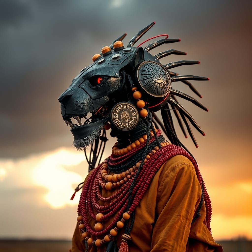 Afrofuturist Masai Cyborg Lion in Golden Hour