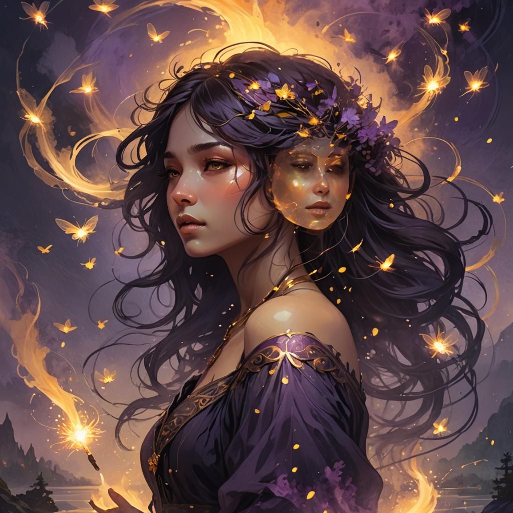 Mystical Girl with Fireflies: Dark Fantasy Art