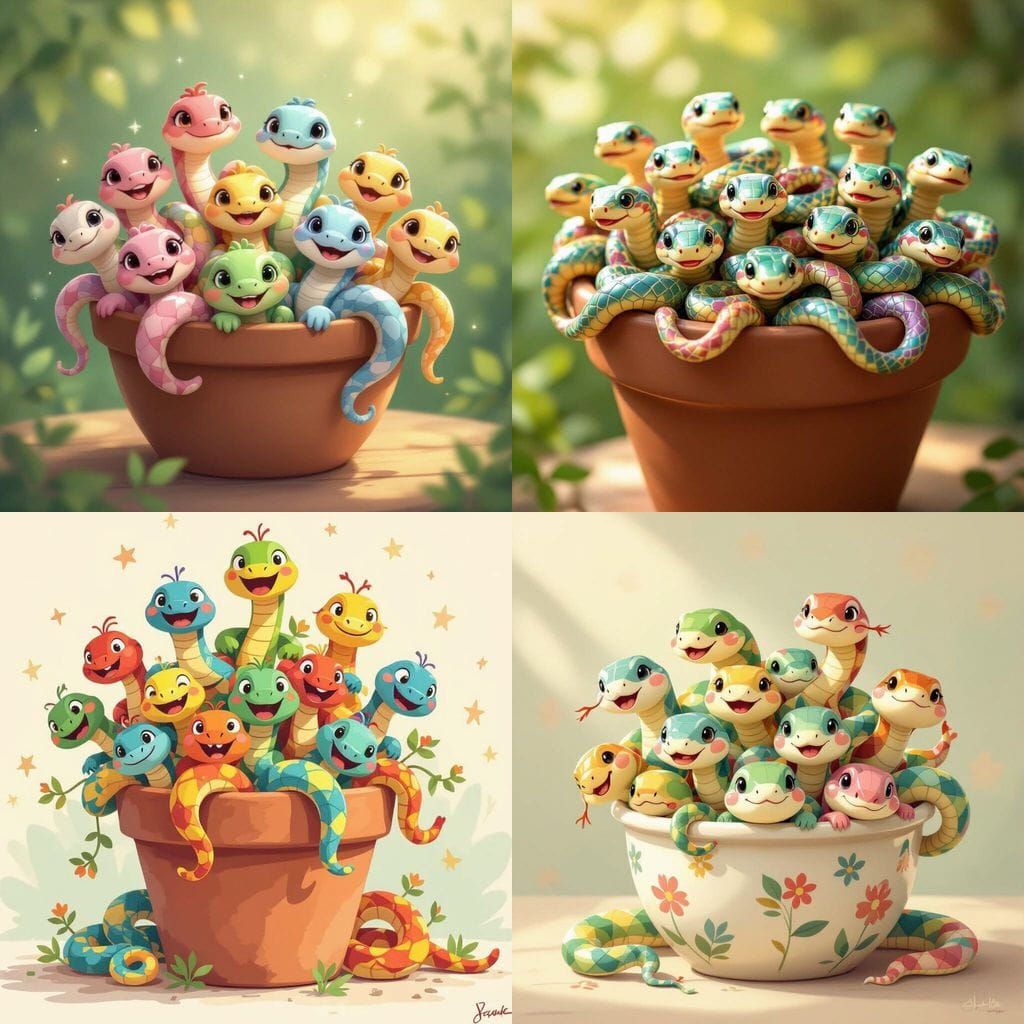 Cute Smiling Snakes Overflowing From a Pot