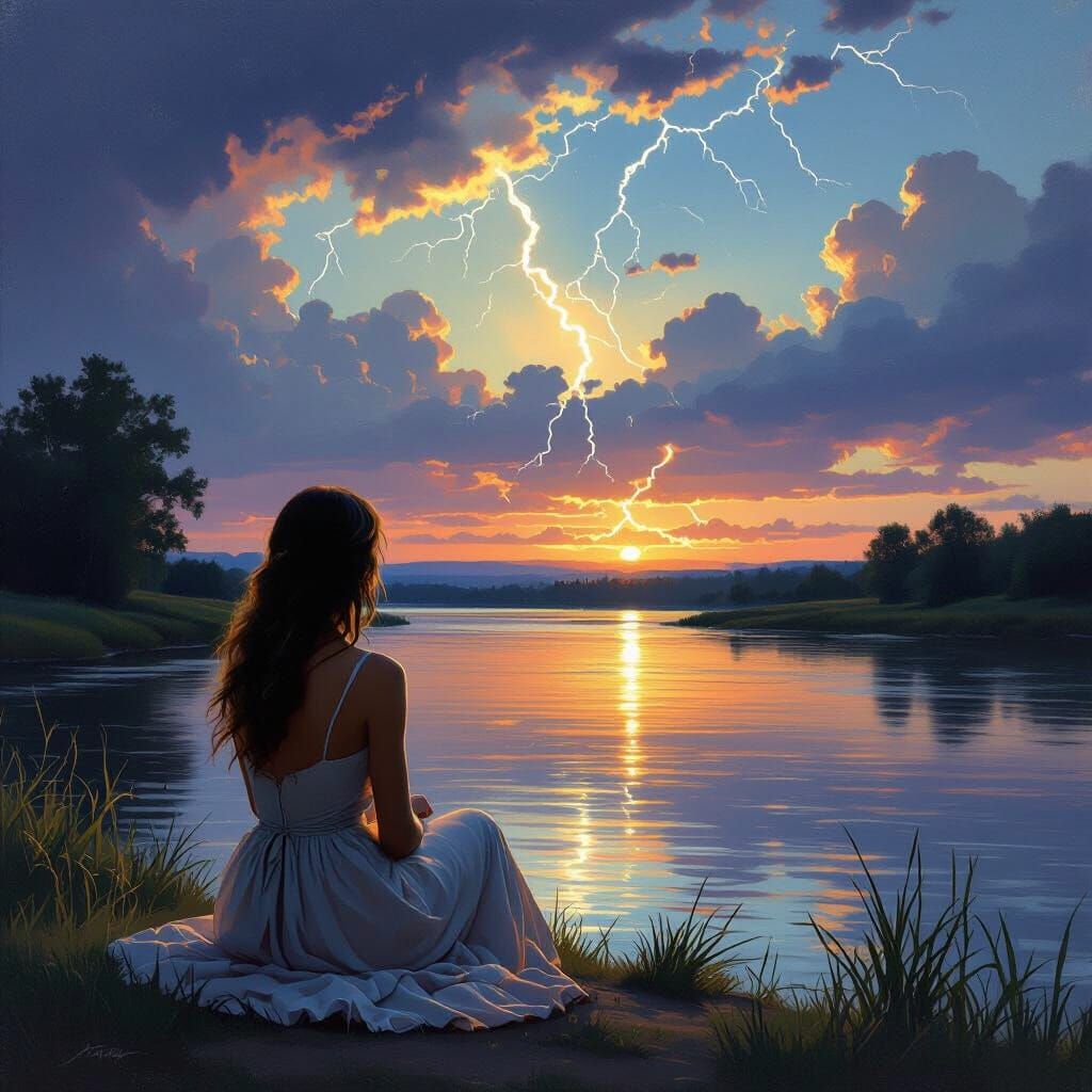 Sitting by a river bank, looking across river, seeing lighti...