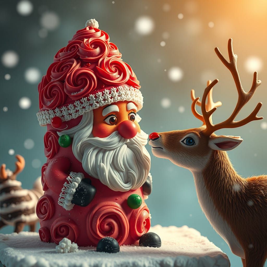 Whimsical Christmas Cake Scene in Vibrant Style