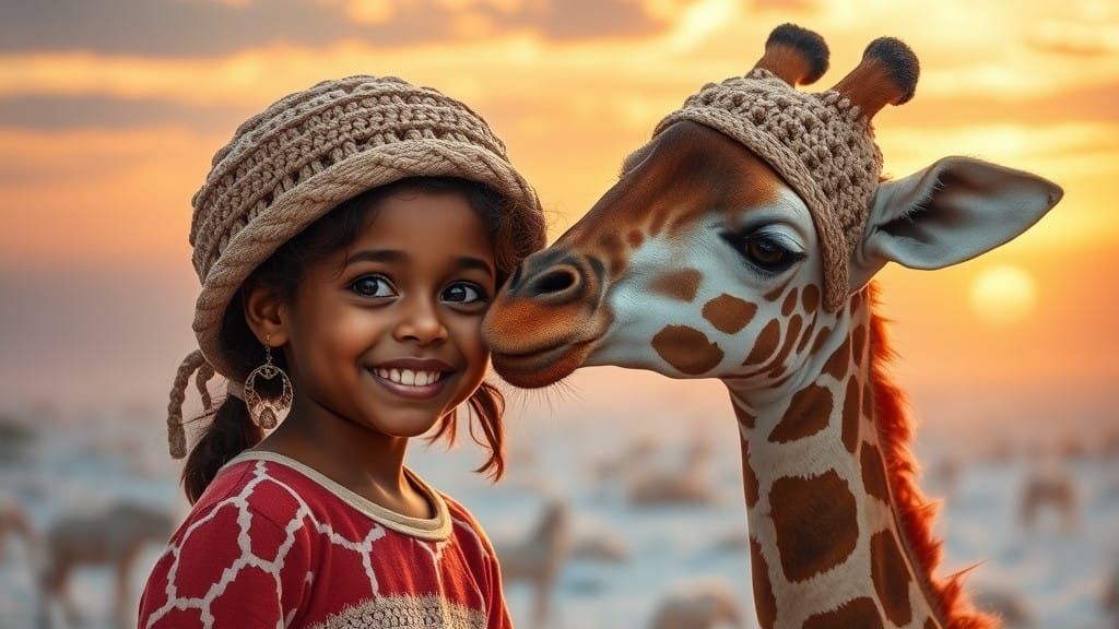 Whimsical Toddler with Baby Giraffe in Snowy Savannah Sunset