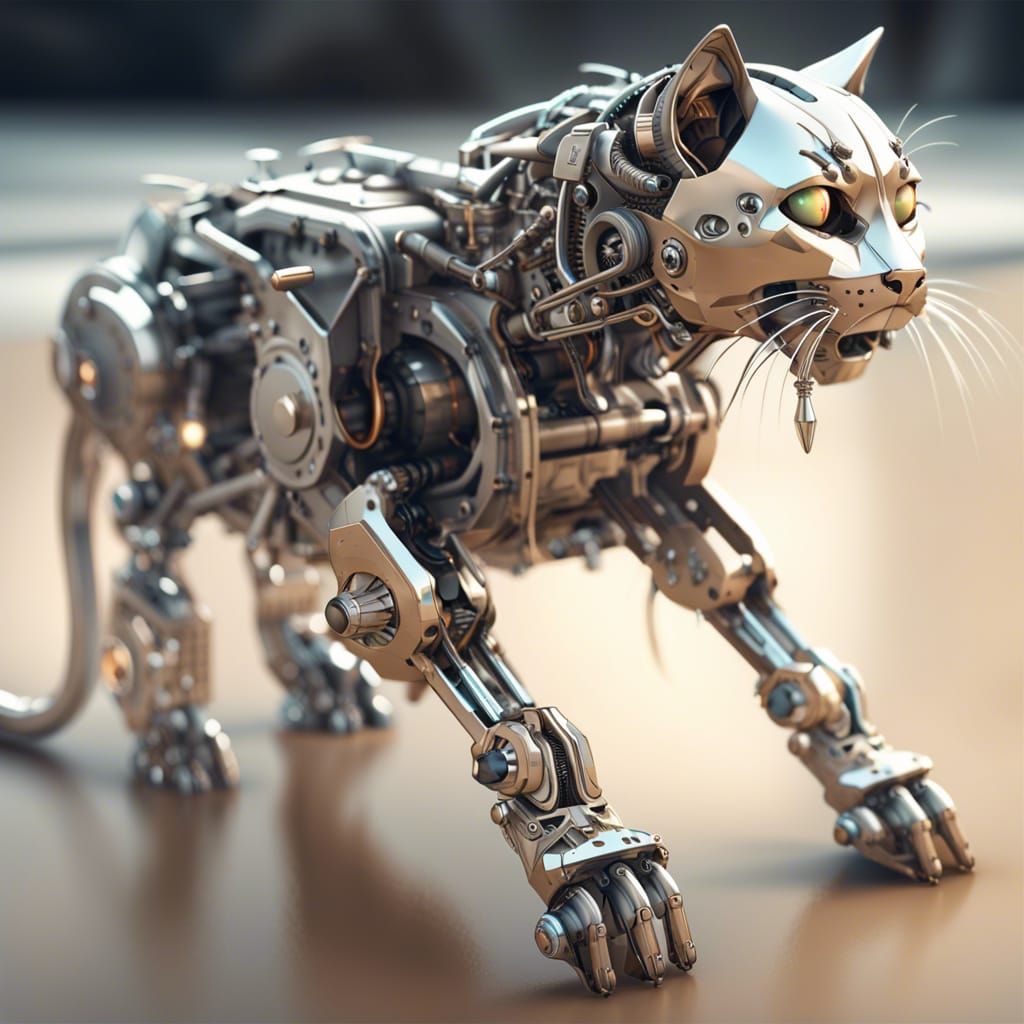 Mechanical Cat with Mouse: Sci-Fi 3D Render