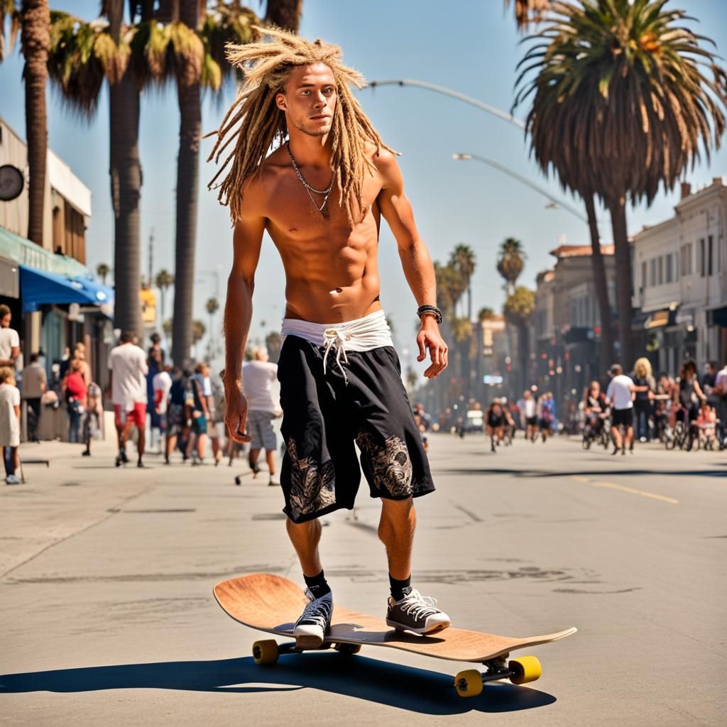 Venice Beach Skater with Dreadlocks: Photorealistic Image