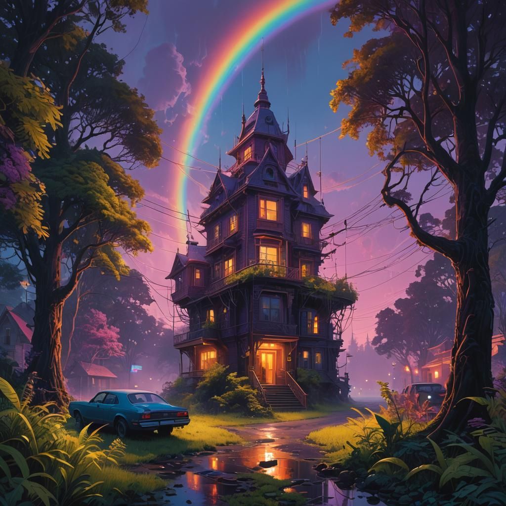 Fantastical Creatures in Mystical Architecture, Detailed Ren...