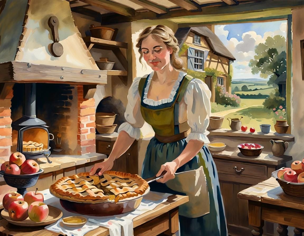 Woman Serving Apple Pie in Gouache Style