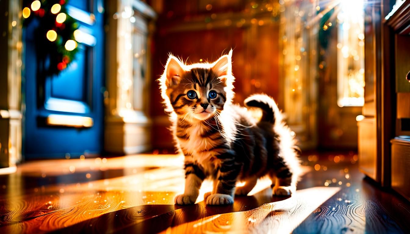 Festive Kitten and Puppy Play, Photorealistic Fine Art