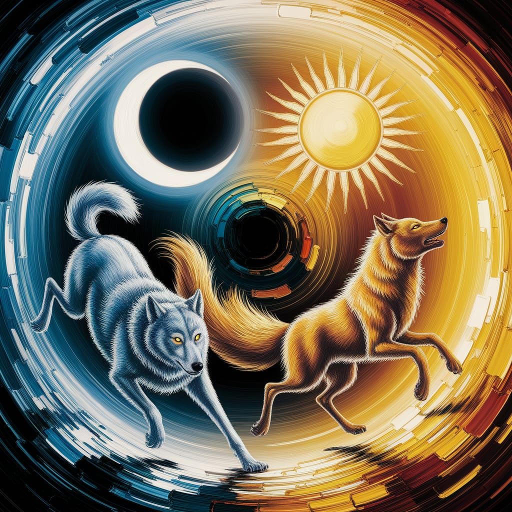 Silver Wolf Chases Crescent Moon in Neo-Impressionist Oil Pa...