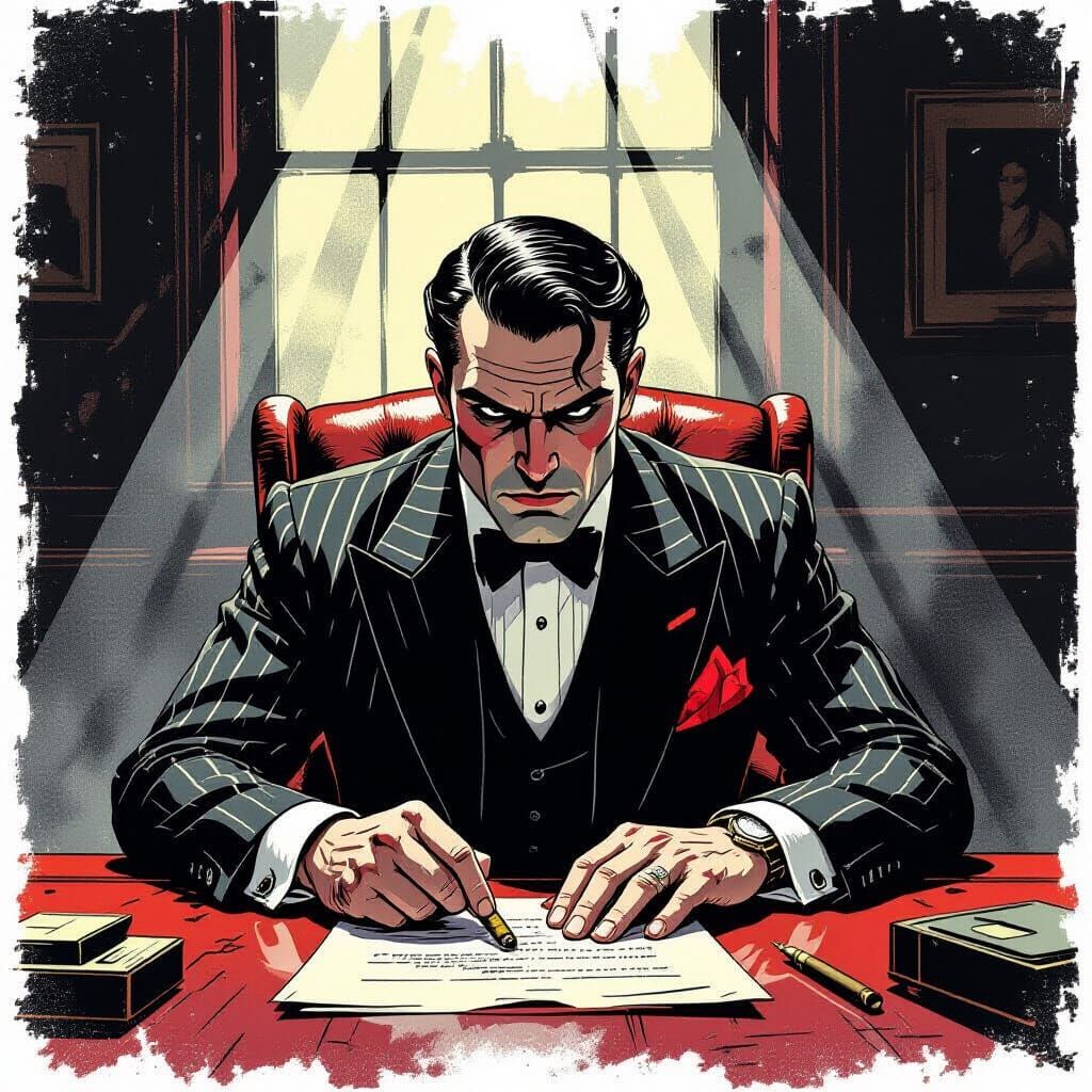 Angry 1920s Gangster in Smoky Room, Ink Art Style