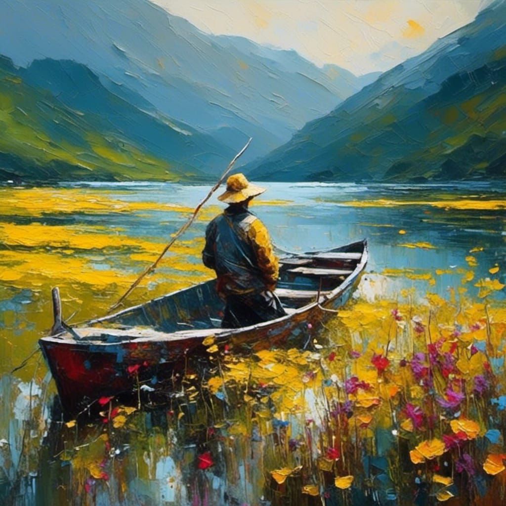 Fisher Lake at Golden Dawn in Impasto Style