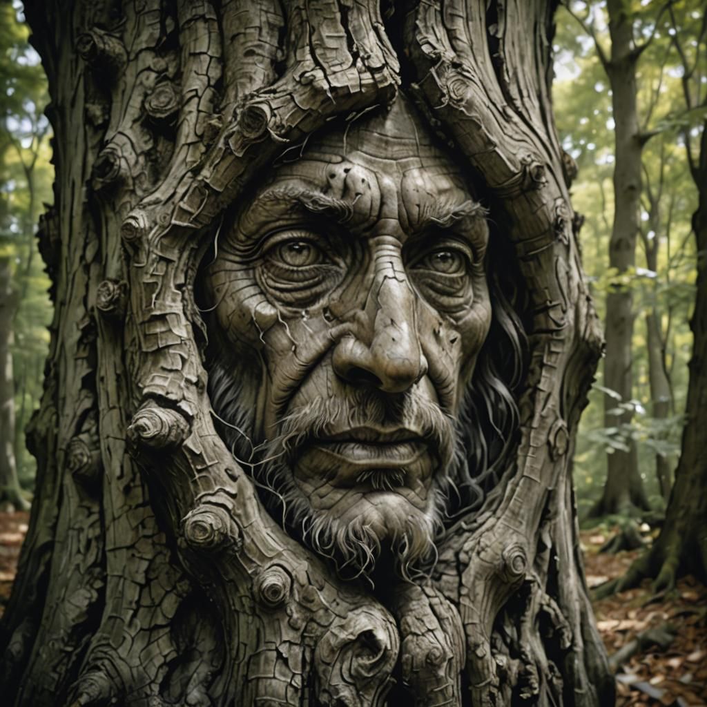 Wise Wood-Elemental Face in Tree, Charcoal Drawing
