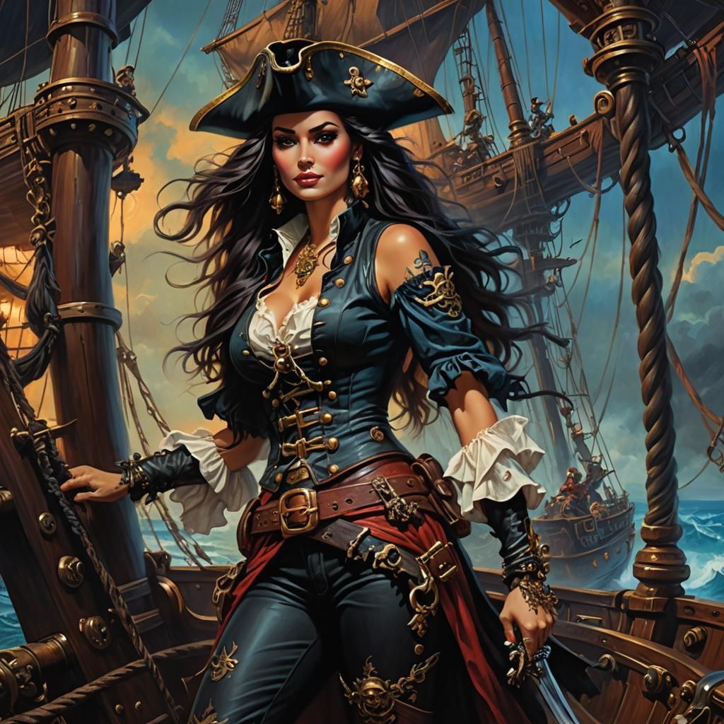 Femme Fatale Pirate on a Ship in Oil Painting Style