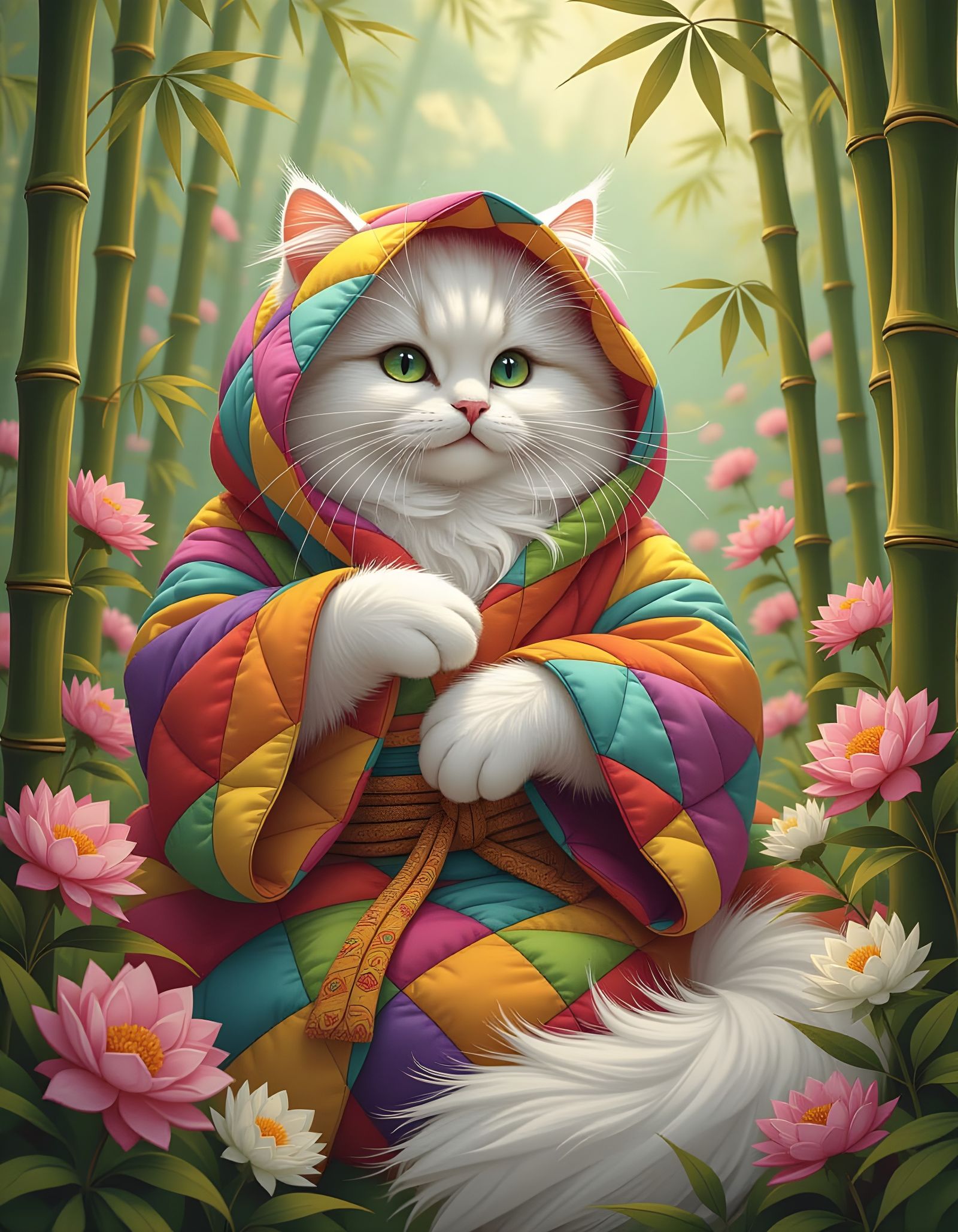 Quilted Cat in Bamboo Field: Geometric Fauvism