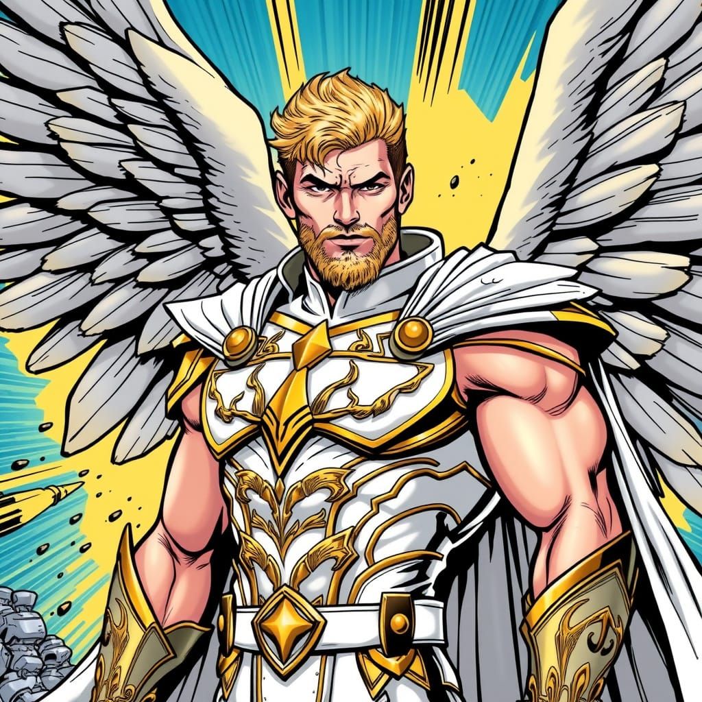 Classic Comic Book Hero in White and Gold Armor