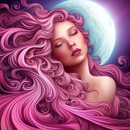 Pink Mermaid with Long Hair and Moon in Fractal Style