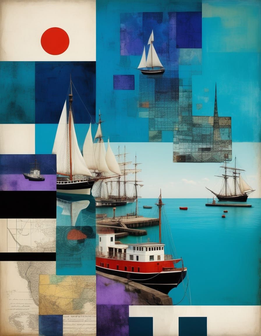 Surreal Abstract Harbour in Mixed Media Collage Style