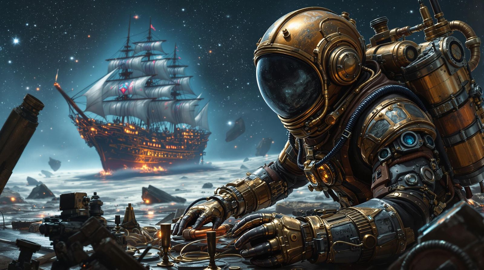 Astronaut in Derelict Spacecraft, with Majestic Cruiser in D...