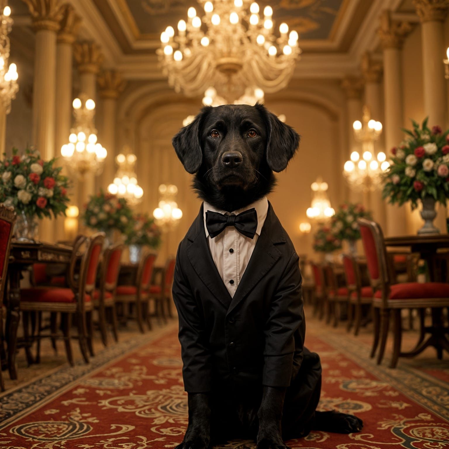 Black Retriever in Tuxedo at Fancy Party