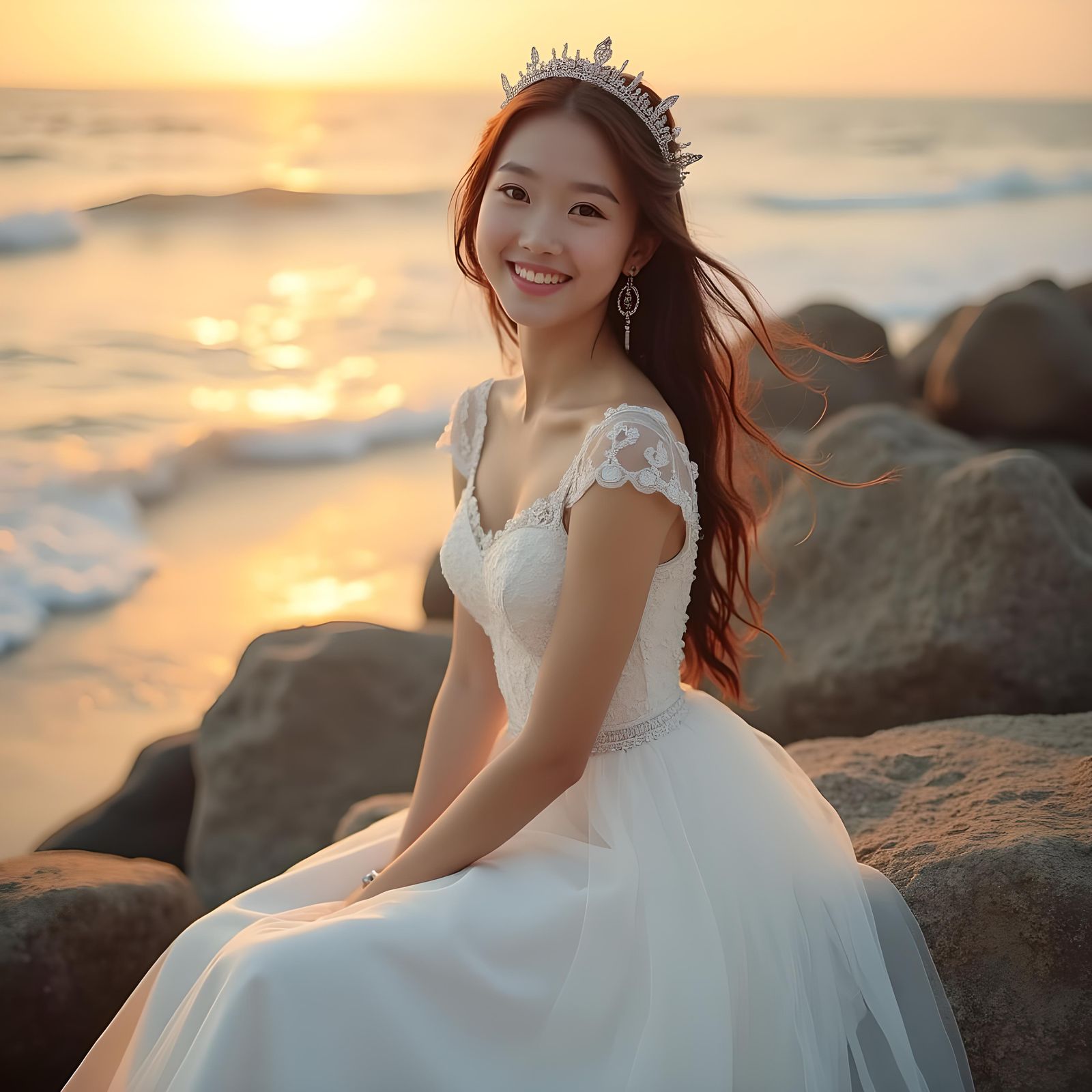 Asian Girl in Wedding Dress at Sunset, Photo-Realistic