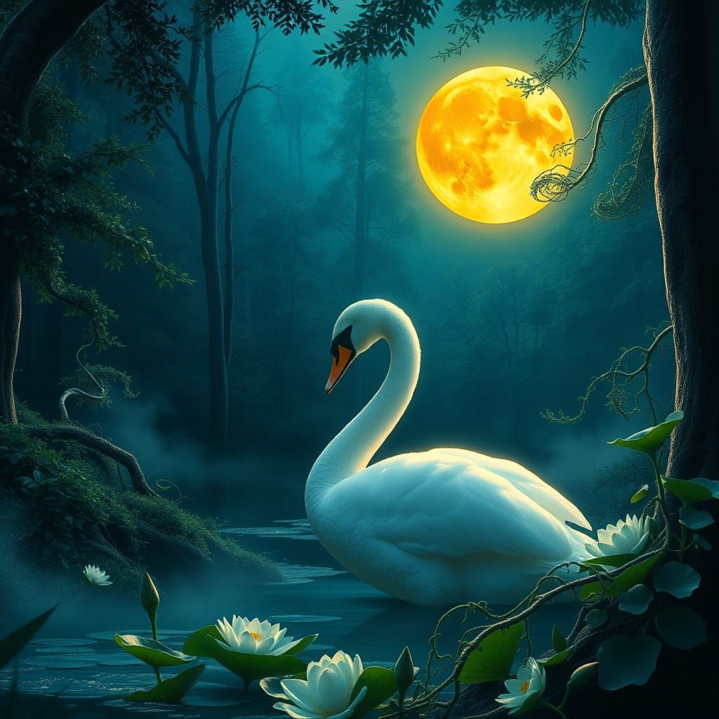 Enchanted Moonlit Swan in Mystical Forest