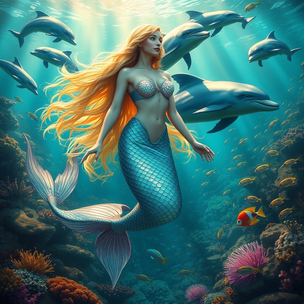 Mermaid Sails with Dolphins in Vibrant Underwater Dreamscape