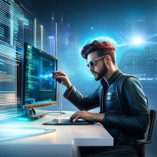 Steampunk Hacker at Transparent Computer Display