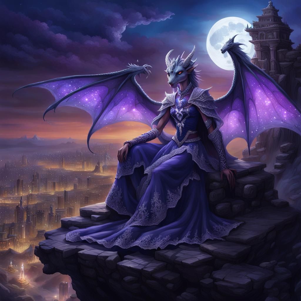 Blue Dragon Anthro on Throne in Ruined City