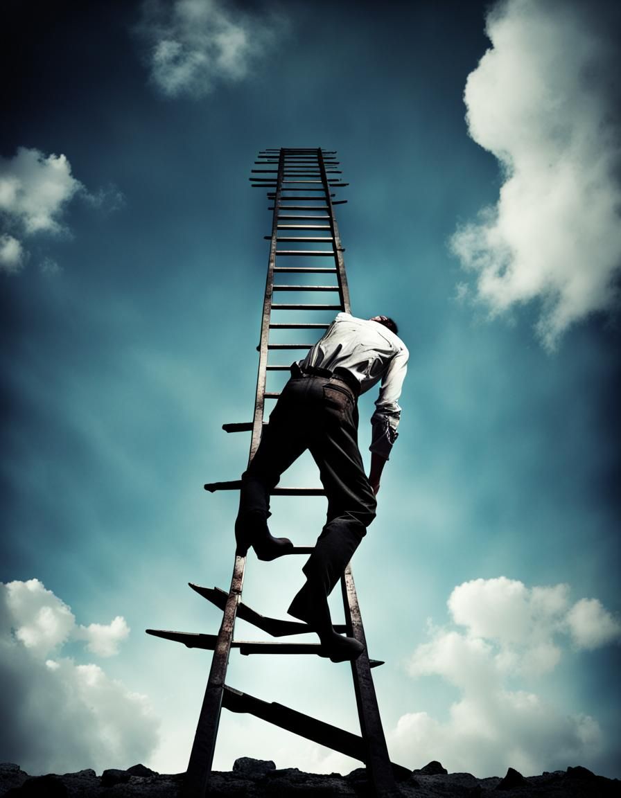 Surreal Man Climbs Ladder from Muddy Depths