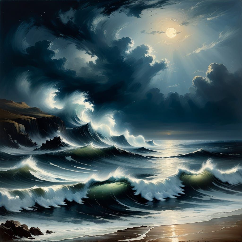 Turbulent Moonlit Ocean Seascape in Romantic Style