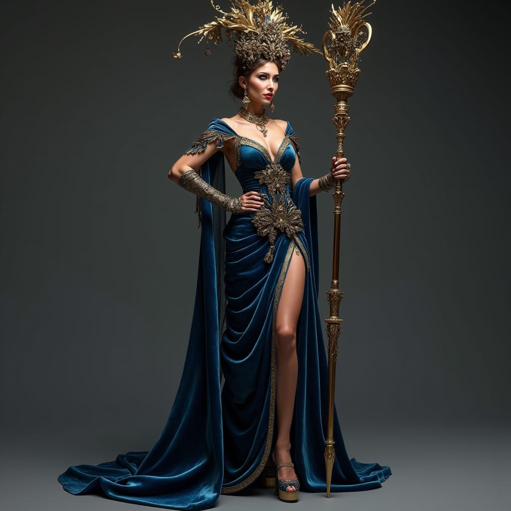 Elegant Woman in Blue Velvet Gown, Detailed Matte Painting