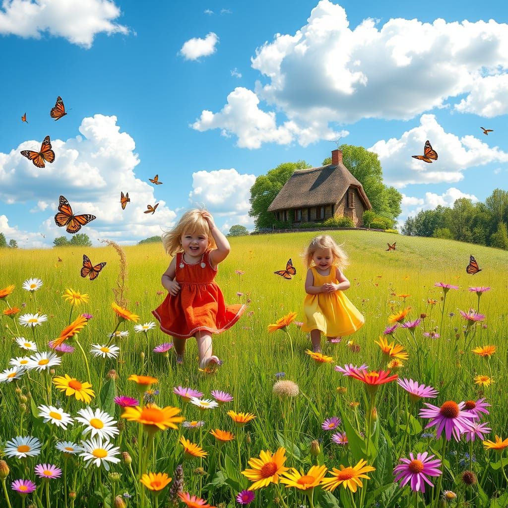 Whimsical Wildflower Meadow Scene with Children and Butterfl...