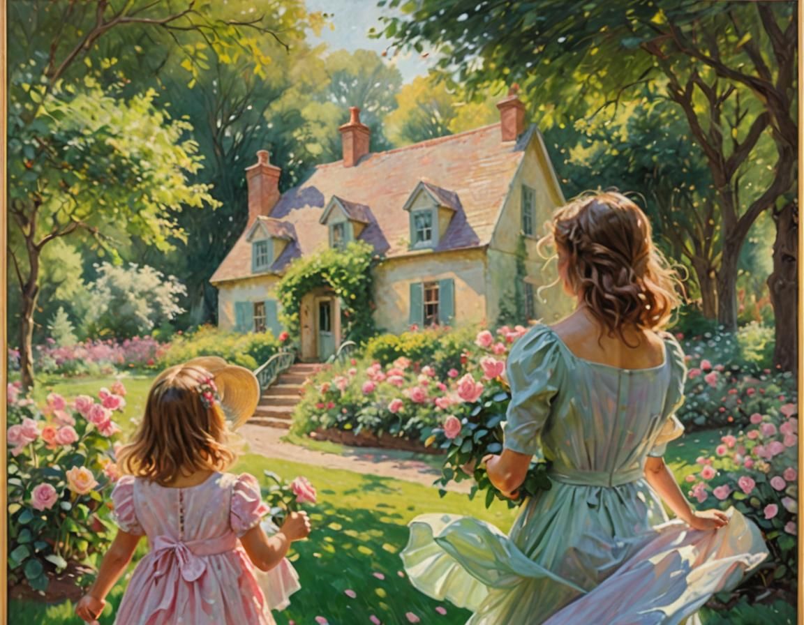 Woman and Child in Lush Garden, Impressionistic Oil Painting