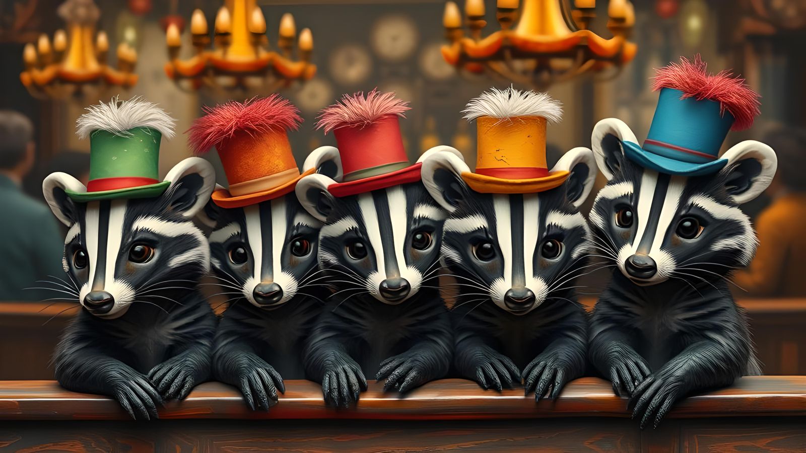 Skunks at Folies Bergère in Folk Art Style