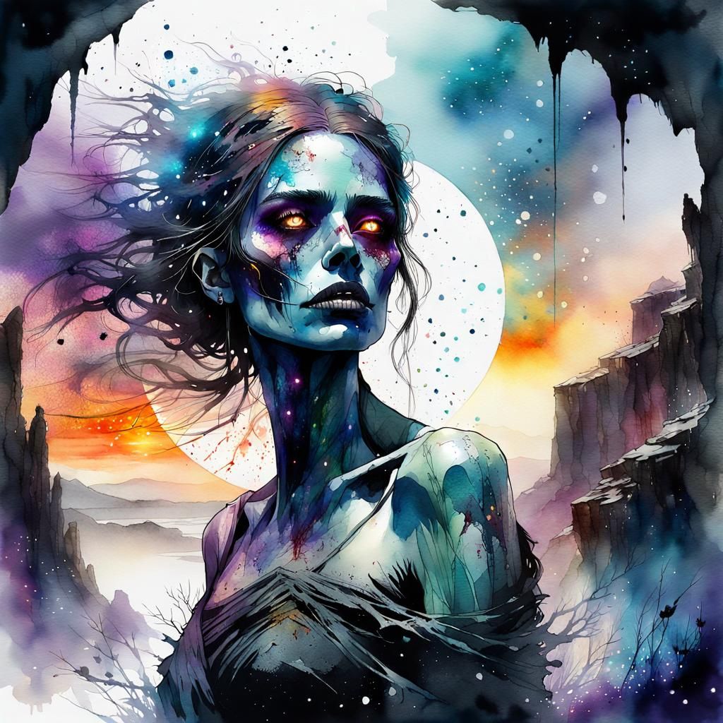 Zombie Queen in a Dark Cave: Digital Watercolor