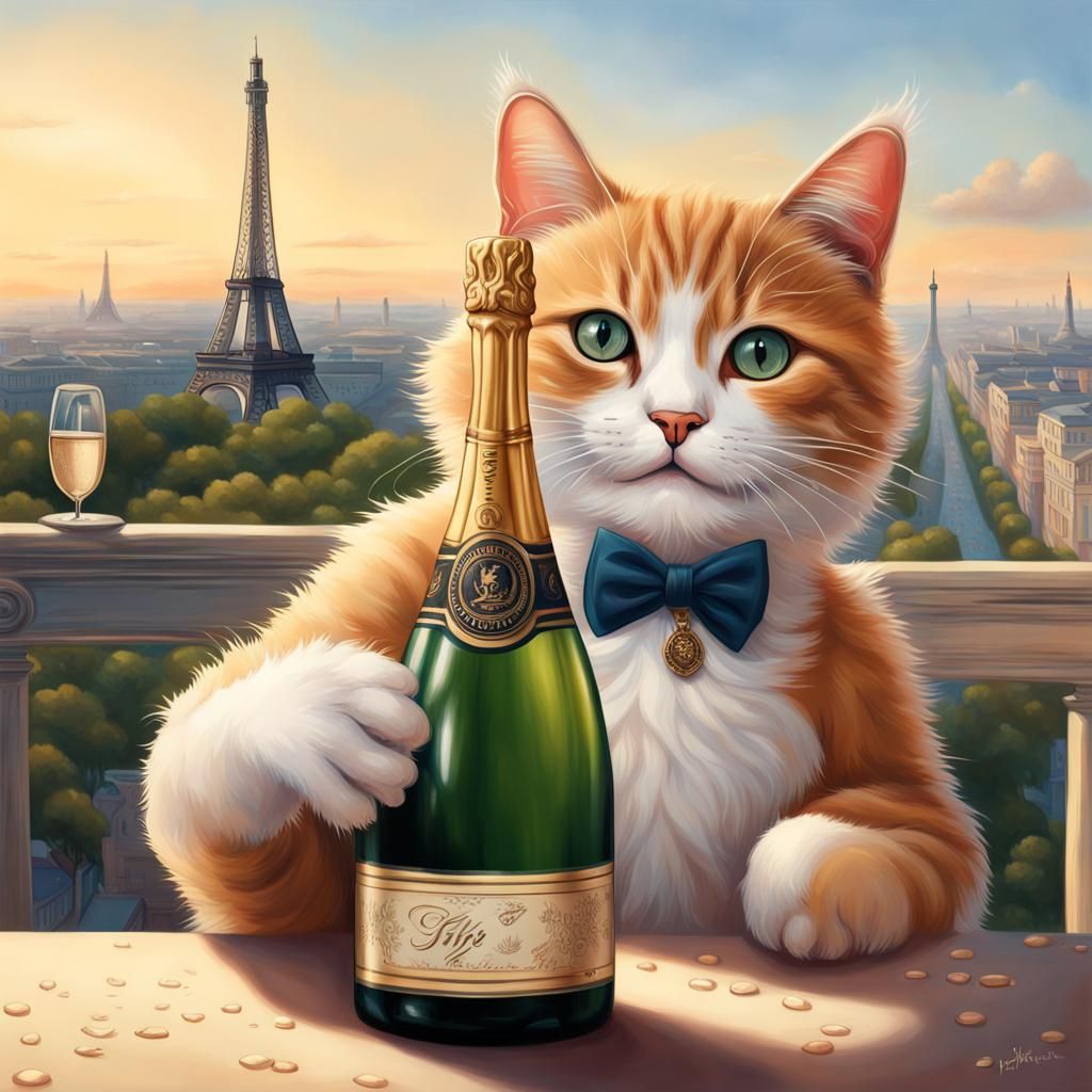 French Cat Celebrates with Champagne near Eiffel Tower