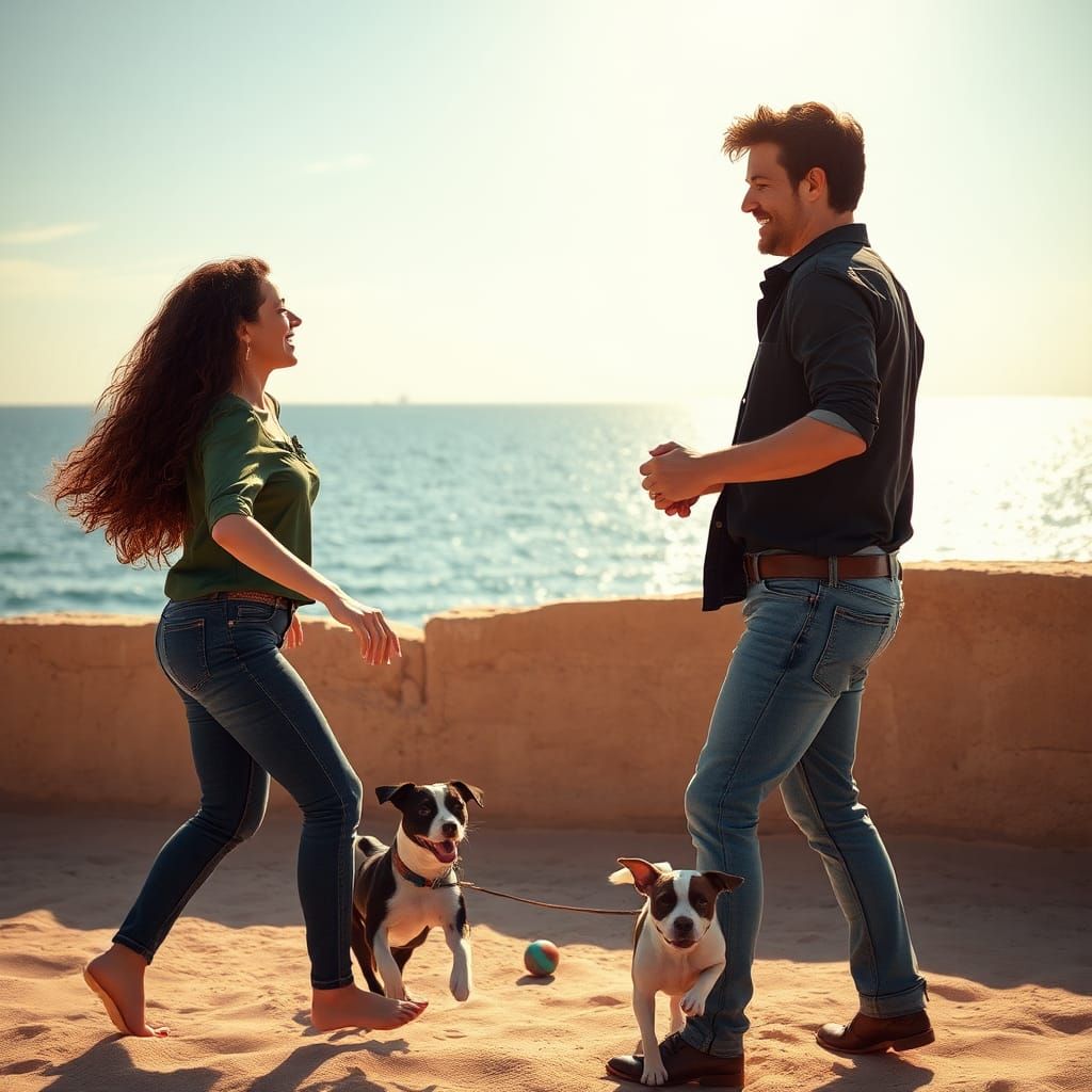 Woman Dancing on Beach with Dog, Evoking Fantasy