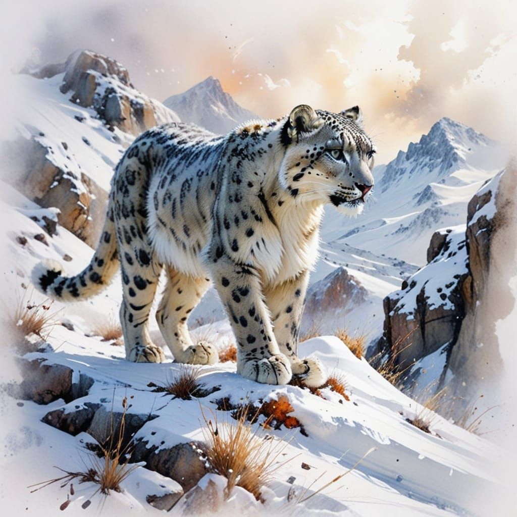 Ethereal Snow Leopard in Whimsical Watercolour